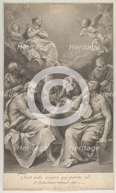 The doctors of the church consulting books and documents and contemplating the Virgin ..., ca. 1722. Creator: Johann Jakob Frey the Elder.