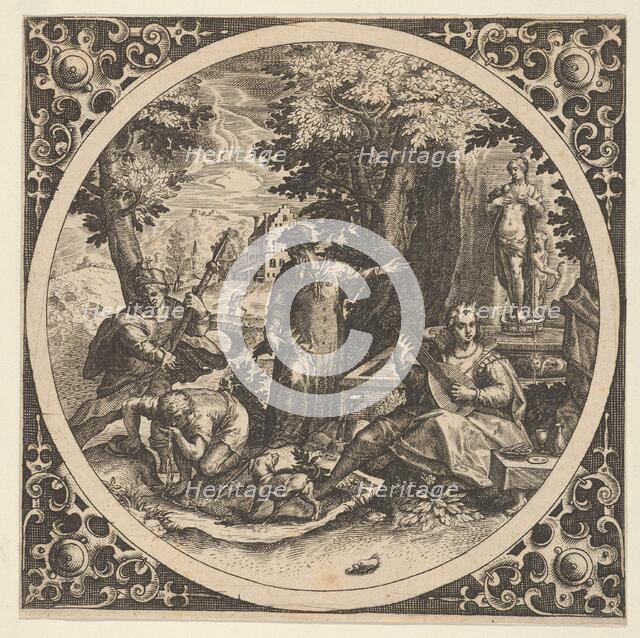 Scene with a Warning Against Venereal Disease in a Circle at Center, 1580-1600. Creator: Theodor de Bry.