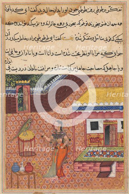 Page from Tales of a Parrot (Tuti-nama): Thirty-fourth night: The parrot addresses Khujasta..., c. 1 Creator: Unknown.