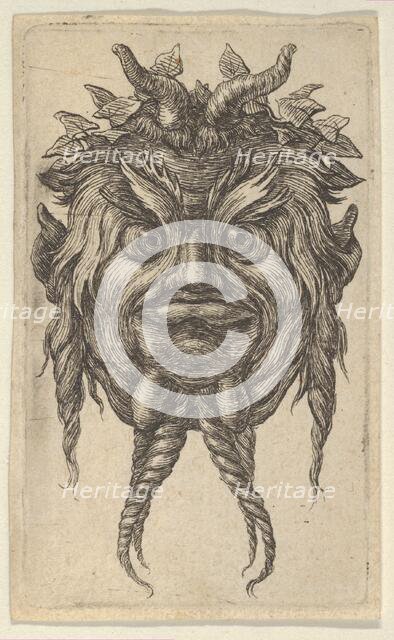 Satyr Mask with Horns and a Twisted Beard Wearing an Ivy Wreath, from Divers Masque..., ca. 1635-45. Creator: Francois Chauveau.