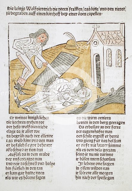 Wolf Dietrich Buries a Knight and His Family, Printed 1483. Creator: Unknown.
