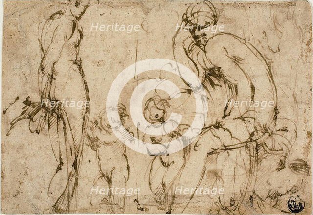 Venus and Mars with Putti (recto); Bearded Man Moving to Right (verso), c. 1550. Creator: Unknown.