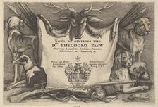 Titlepage with hounds and hunting equipment, 1646. Creator: Wenceslaus Hollar.