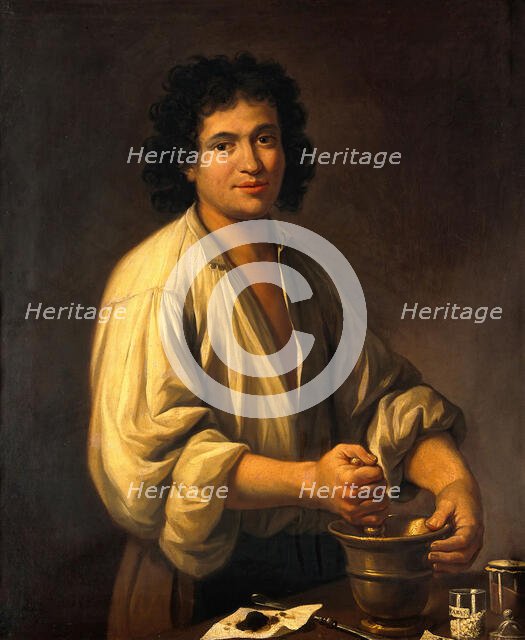 An apothecary (a man using pestle and mortar), 18th century. Creator: Unknown.