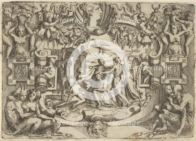 Four women surrounding a seated figure, a bird above them, set within an elaborate ..., ca. 1540-80. Creator: Battista del Moro.