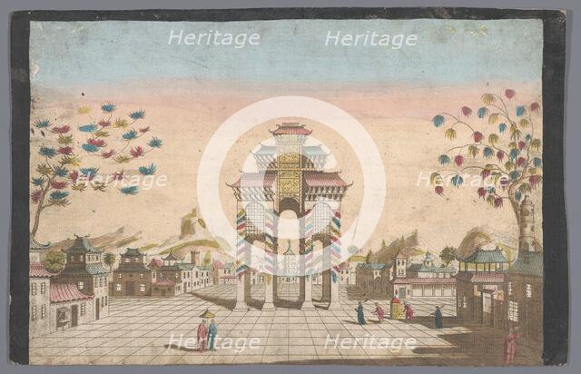 View of a triumphal arch on a square in Canton, 1700-1799. Creator: Anon.
