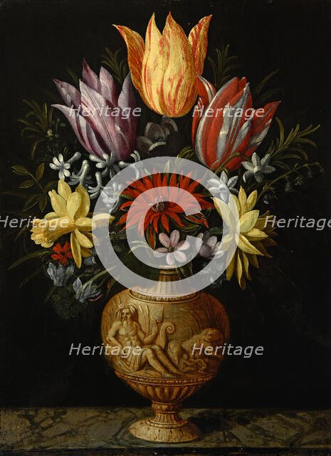Flowers in a vase on a marble plinth, First Half of 17th cen.. Creator: Borcht; Hendrik van der; the Elder (1583-1651).