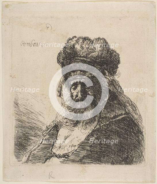 The Old Bearded Man in a High Fur Cap, with Eyes Closed, ca. 1635. Creator: Rembrandt Harmensz van Rijn.
