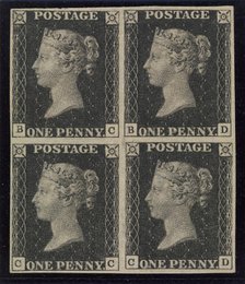 Unused block of four "Penny Black" postage stamps of Queen Victoria, issued ..., issued May 6, 1840. Creator: Unknown.