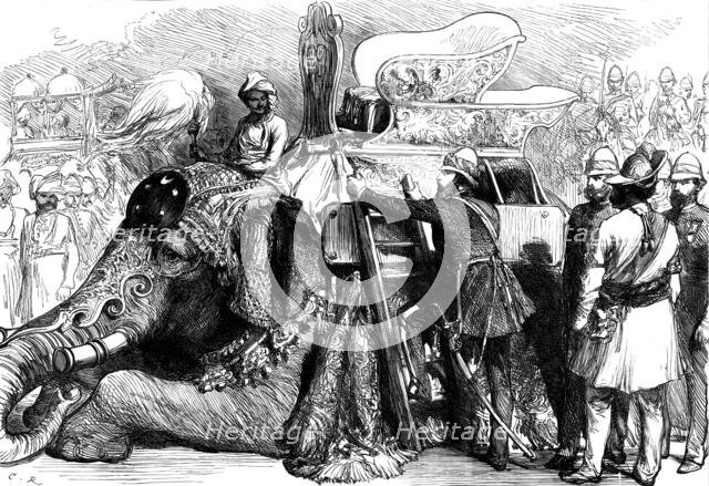The Royal Visit to India: the Prince of Wales mounting his elephant...1876. Creator: C.R..