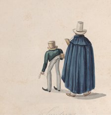 Two Peruvian fortune tellers (?) wearing top hats viewed from behind, from a group..., ca. 1848. Creator: Attributed to Francisco (Pancho) Fierro.