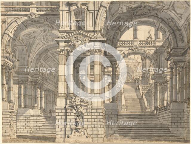 Fantasy of Magnificent Courtyards and Loggie with a Monumental Staircase, early 1770s. Creator: Pietro Gonzaga.