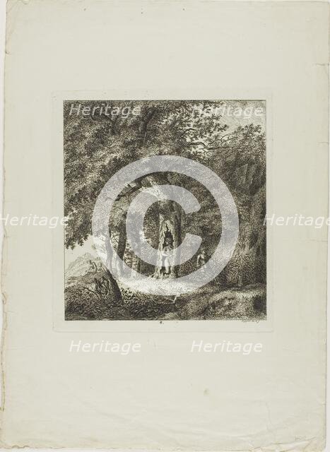 Nymph Hiding in a Tree, plate eight from Paysages Dédiés à M. Warelet, 1764. Creator: Salomon Gessner.