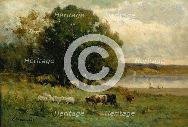 Untitled (cattle near river with sailboat in distance), n.d. Creator: Edward Mitchell Bannister.