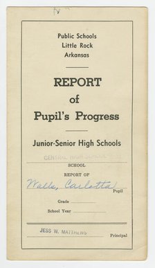 Report card for Carlotta Walls from Little Rock Central High School, 1957 - 1958. Creator: Unknown.