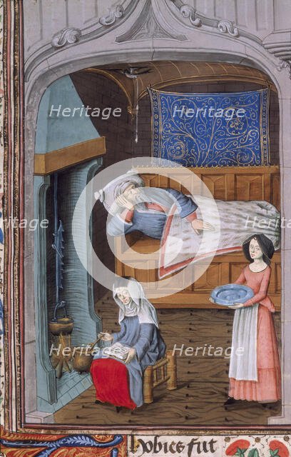 Tobit, blind in bed, attended by two women, c1479 Creator: Unknown.