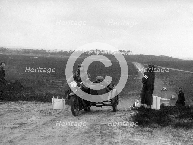 Motorcycle and sidecar competing in a motoring trial, Bagshot Heath, Surrey, 1930s. Artist: Bill Brunell.