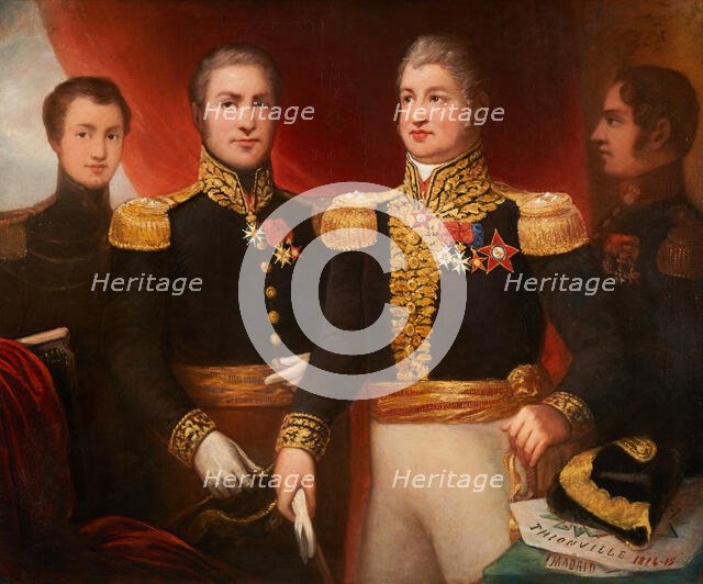 Le général Léopold Hugo avec deux de ses frères et son fils Abel en uniforme de la..., c.1825. Creator: Julie Hugo.