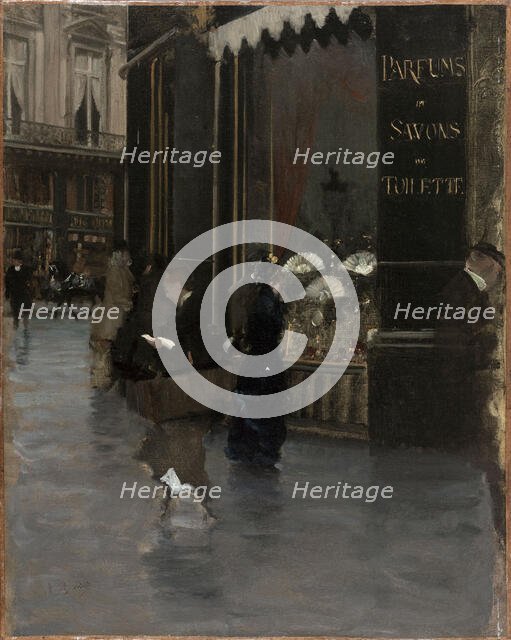 The Violet perfumery, at the corner of boulevard des Capucines and rue Scribe, c1880. Creator: Giuseppe de Nittis.