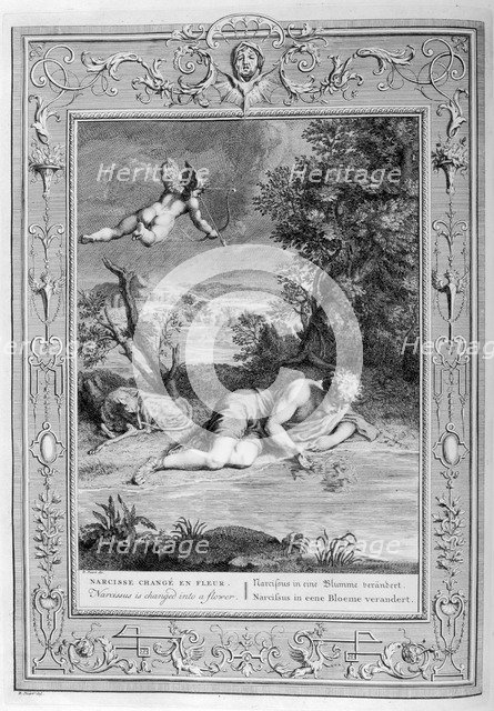 Narcissus in love with his own reflection, 1733. Artist: Bernard Picart
