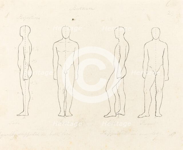 Extent of Motion, Front and Side View Equipoised, Supported on One Leg, published 1829. Creator: George Scharf.