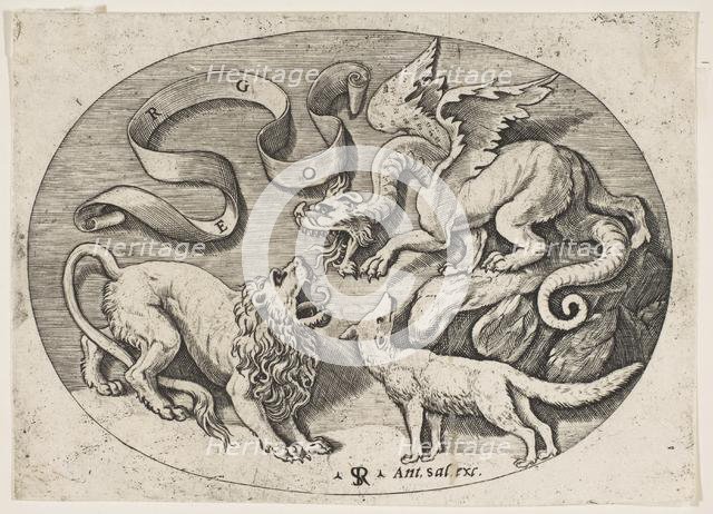 A lion, dragon and fox fighting each other, an inscribed banderole above, an oval c..., ca. 1515-27. Creator: Marco Dente.