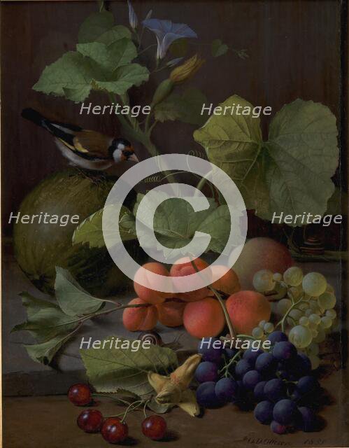 Still Life with Fruits and a Goldfinch, 1855. Creator: Otto Didrik Ottesen.