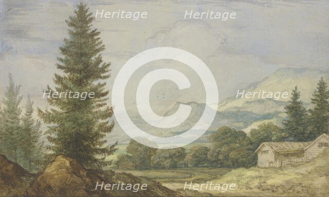 Mountain landscape, tall fir trees on the left, two huts on the right. Creator: Allart van Everdingen.