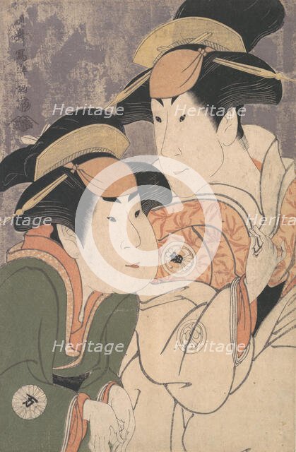 Segawa Tomisaburo II and Nakamura Manyo as Yadorigi and Her Maid Wakakusa in the Play "Han..., 1794. Creator: Tôshûsai Sharaku.