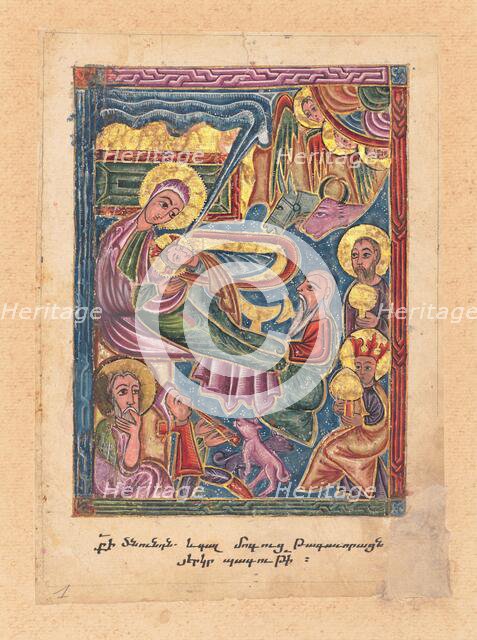 The Nativity with the Adoration of the Shepherds and Magi; Leaf from a Gospel Book, 1615. Creator: Mesrop of Khizan.
