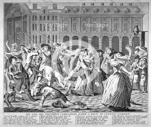 'He and his drunken companions raise a riot in Covent Garden', 1735.                  Artist: Anon