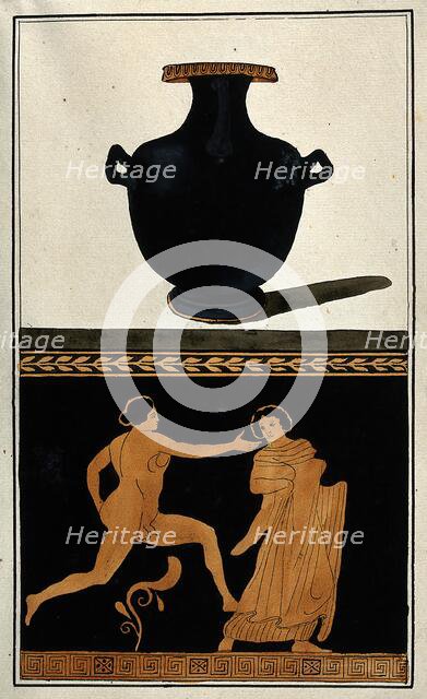 Above, a black Greek water-jug (hydria); below, detail of decoration showing a naked..., 1760-69. Creator: Augustin Dahlsteen.