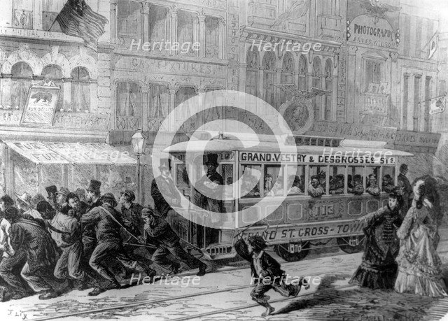 Tram being pulled by men, USA, 1872. Artist: Unknown