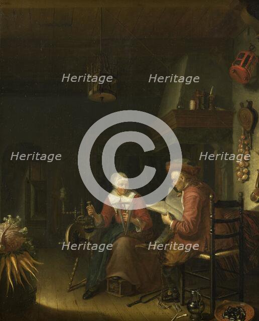 Interior with a man reading and a woman spinning yarn, 1660-1676. Creator: Domenicus van Tol.