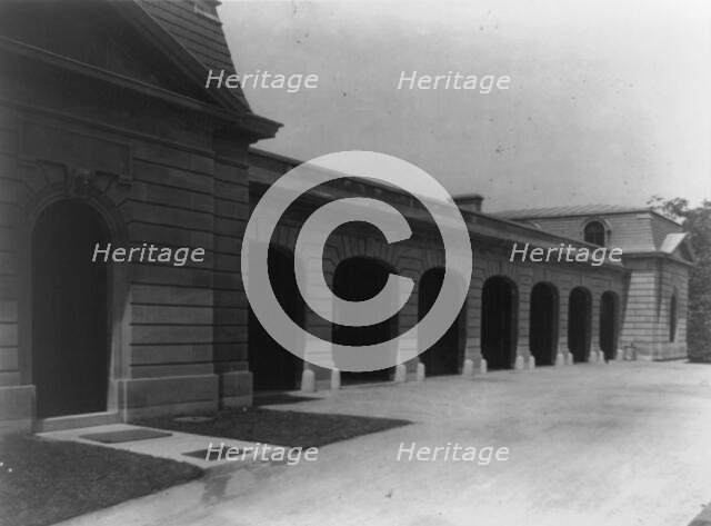 Hamilton Rice Home in Newport, Rhode Island, exterior view of garage doors, between 1917 and 1927. Creator: Frances Benjamin Johnston.