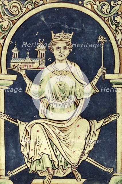 King Henry III with a representation of Westminister Abbey, c1250s. Creator: Unknown.