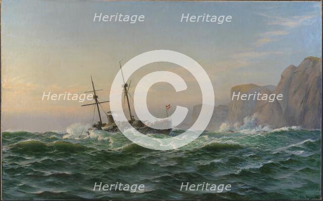 The armored ship "Iver Hvitfeldt" passes Forbjerget Stat on the way to Trondhjem...1893, 1894. Creator: Christian Blache.