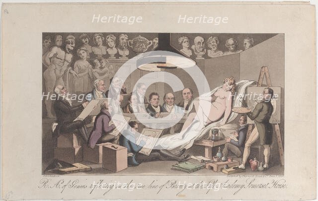 R.A.'s of Genius Reflecting on the True Line of Beauty, at the Life Academy Somers..., June 1, 1824. Creator: Thomas Rowlandson.