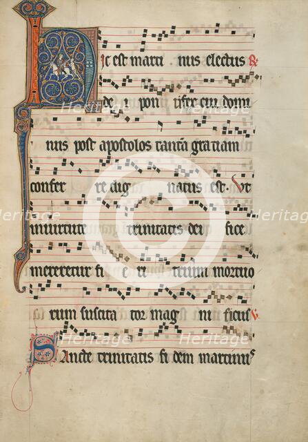 Initial H: Saint Martin Dividing His Cloak; Antiphonal, about 1260-1270. Creator: Unknown.