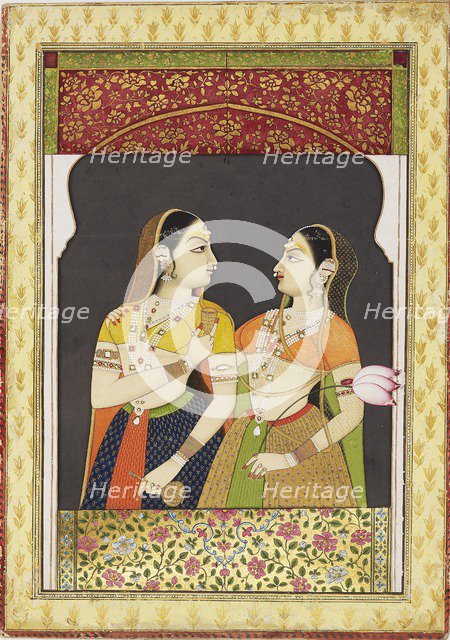 Two girls in an archway with a curtain, 19th century. Artist: Unknown.