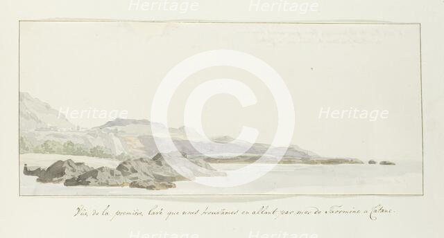 View of the coast at Taormina with lava stream, 1778. Creator: Louis Ducros.