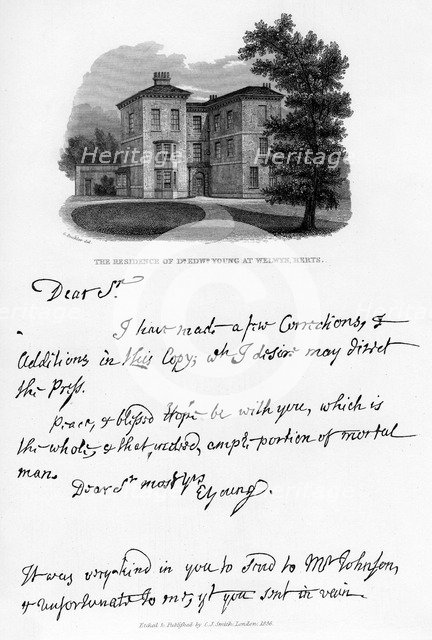 A letter from Edward Young, and a view of his residence at Welwyn, Hertfordshire, 1740s, (1840). Artist: Edward Young