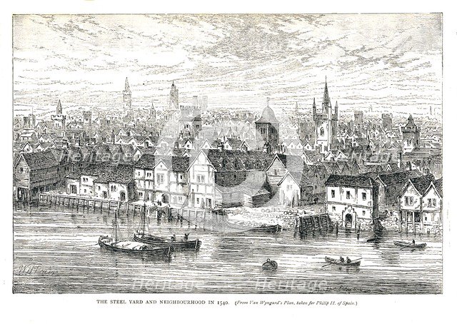 The Steel Yard (Iron Wharf) and Neighbourhood in 1540. On the riverside, 1878 Artist: Walter Thornbury