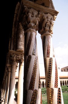 Columns of Monreale Cathedral cloister in Sicily, Norman-Byzantine style, 12th-13th centuries. Th…