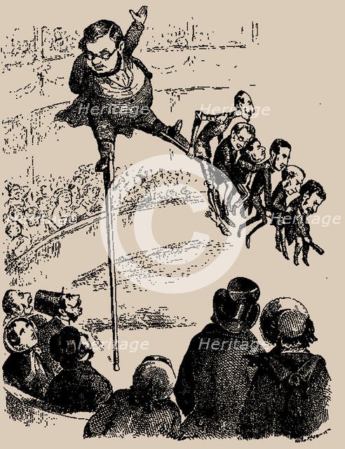 The balancing act Cavour must perform to keep his ministry afloat, 1853. Creator: Anonymous.
