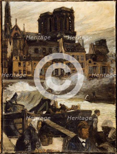 Notre-Dame and the Quai aux Fleurs seen from the apple market, in 1901. Creator: Pierre Louis Moreau.