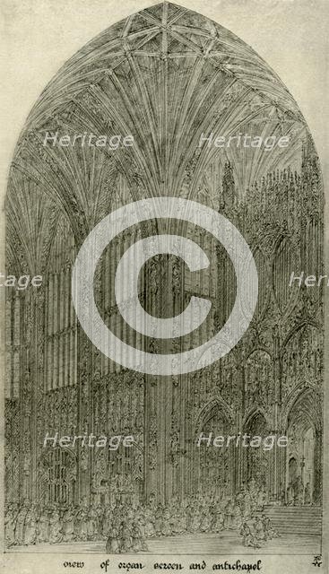 Architectural drawing: view of organ screen and antichapel, 1833-1834, (1906). Creator: AWN Pugin.