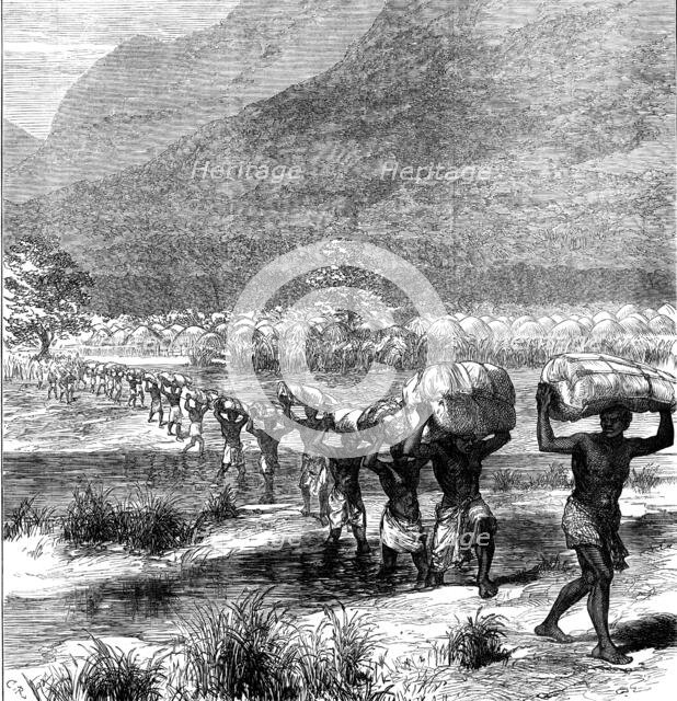 The Livingstone Aid Expedition: crossing a river in East Africa, 1873. Creator: Unknown.