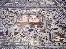 Ruins of Mérida, Roman house of the Amphitheater, detail of the mosaic with scenes of treading of…