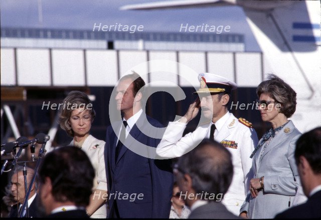 Juan Carlos I, King of Spain, during his visit to Argentina, reception with President Jorge Videl…